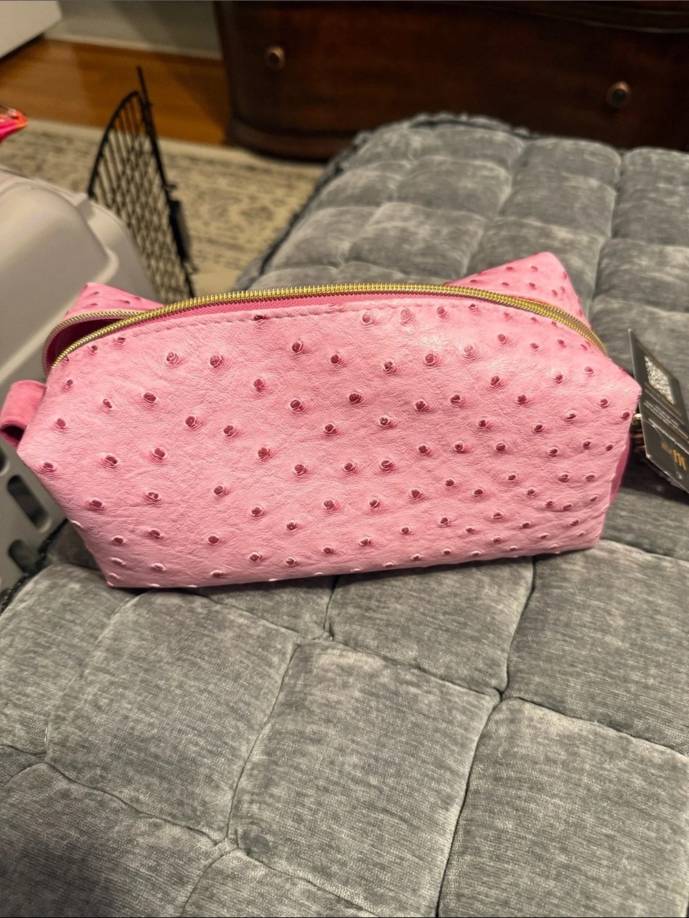 Makeup Junkie Pink Ostrich-Texture Cosmetic Pouch with Gold Hardware